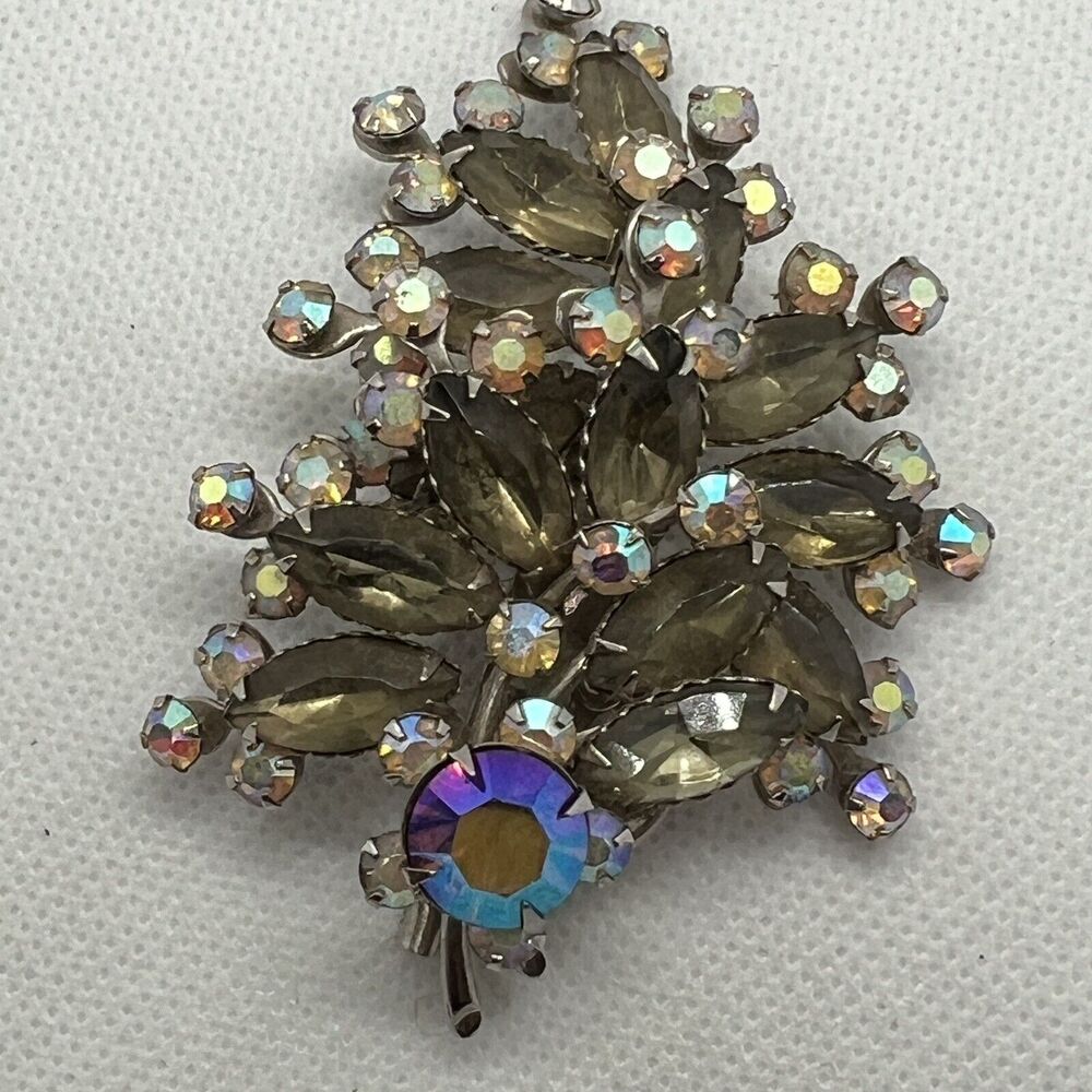 Smoky Rhinestone Brooch Floral Spray Brown Aurora Borealis Riveted Layered